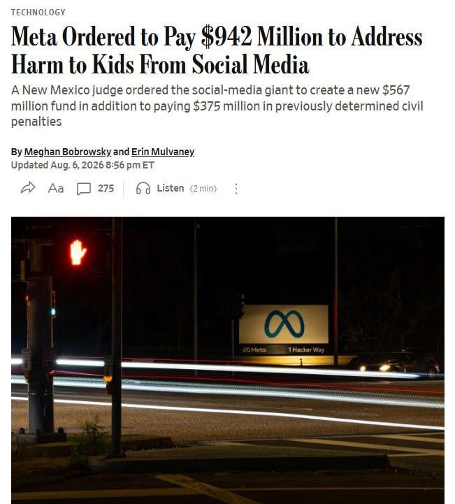 Meta обязали выплатить $942 млн из-за вреда, который соцсети причинили детям, — The Wall S…