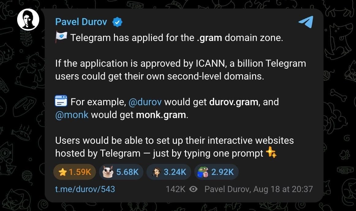 Telegram может получить собственный домен — команда мессенджера подала заявку на регистрац…