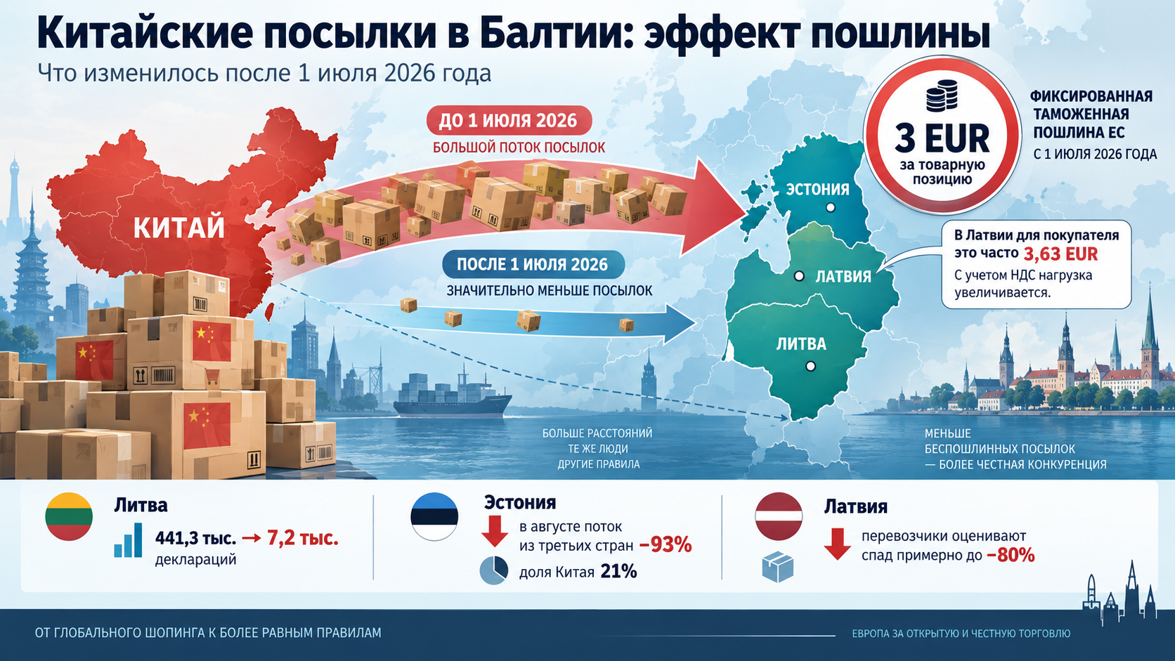 Инфографика: китайские посылки в странах Балтии после введения пошлины 3 EUR